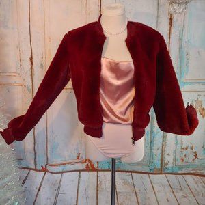 Forever21 soft plush teddy crew neck zip up jacket/size S /beautiful burgundy